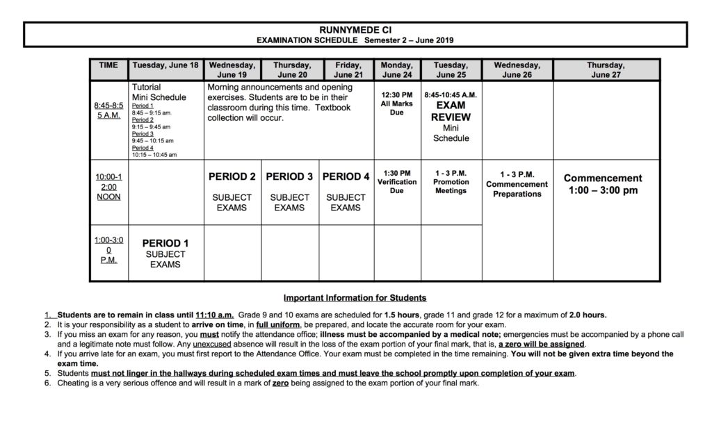 Runnymede CI Exam Schedule 2019 – Runnymede Collegiate Institute